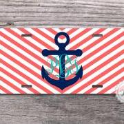 Preppy anchor nautical monogram coral chevron license plate aluminum car tag sweet 16 gift