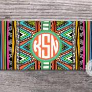 Aztec pattern monogram license plate tribal geometric tag with preppy coral circle monogrammed front tag