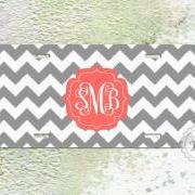 Personalized license plate monogrammed coral and gray chevron custom car tag