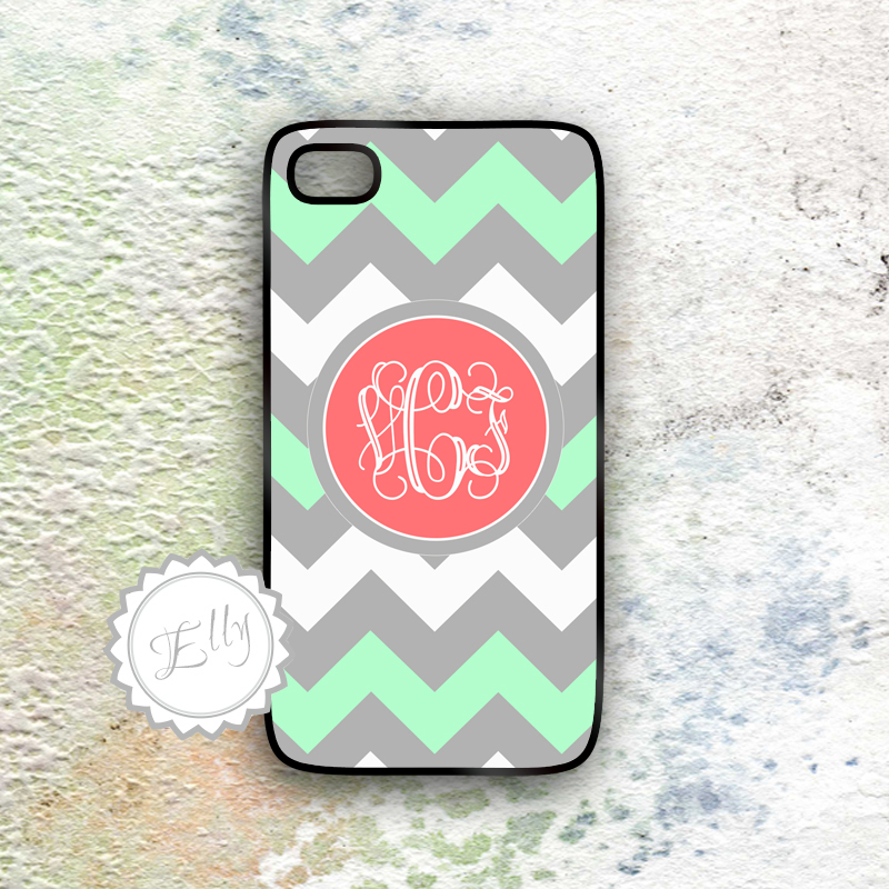 Personalized Iphone 4 4s Chevron Case Mint Grey And Coral Monogrammed Hard Cover For I Phone