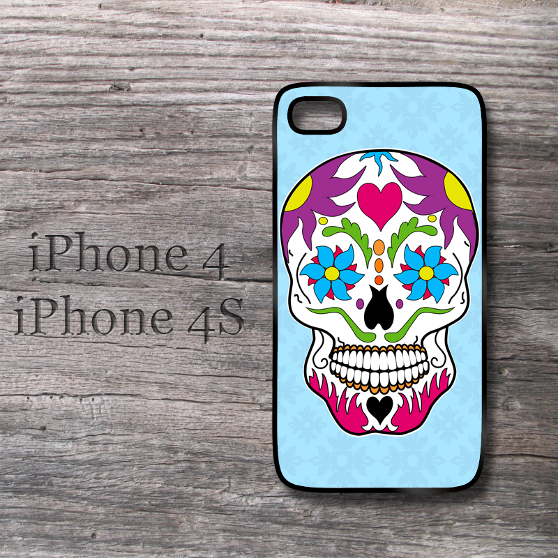Sugar Skull Colorful Iphone Case Sky Blue Iphone4 Dia De Los Muertos Day Of The Dead